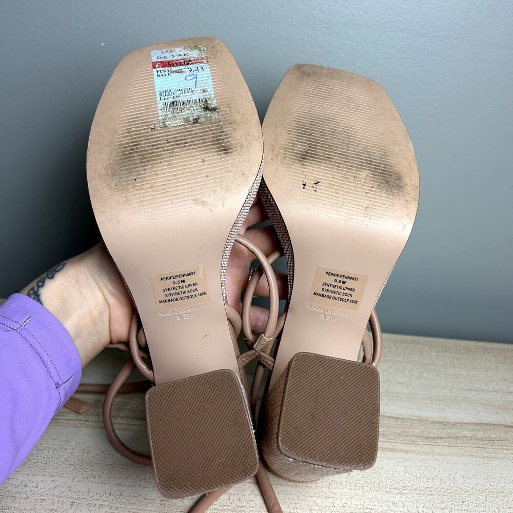 Steve Madden Pennie Tan Brown Faux Leather Strappy Block Heels Sandals size 9.5 - Picture 7 of 12